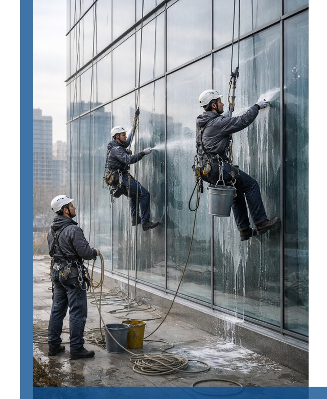 Промышленная мойка панорамных окон на высоте в Добрянке