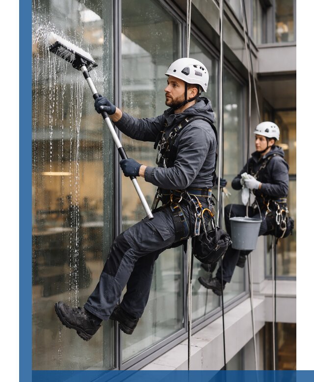 Профессиональная мойка витражей промышленными альпинистами в Добрянке