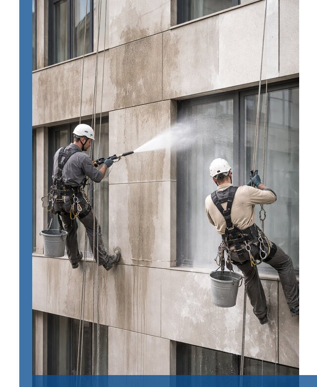 Послестроительная мойка фасада промышленным альпинизмом в Добрянке