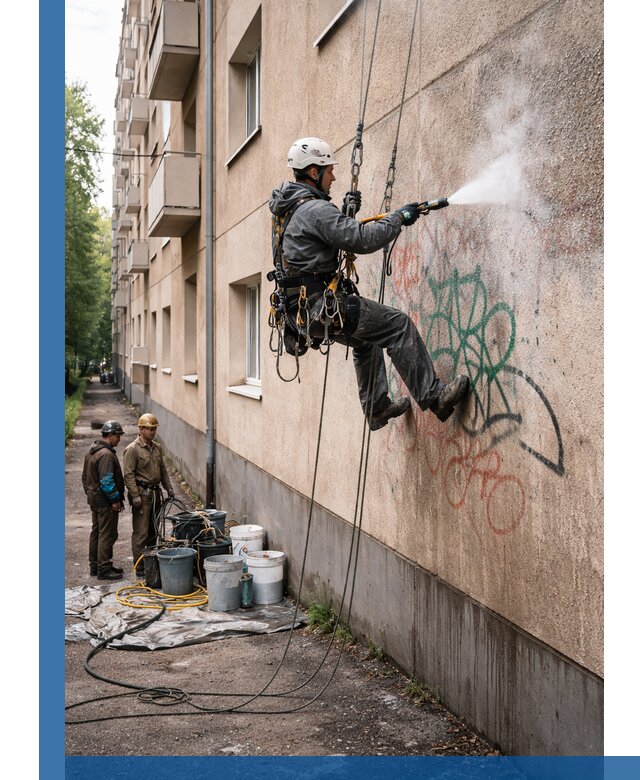 Удаление граффити с фасада в Добрянке без следов и повреждений