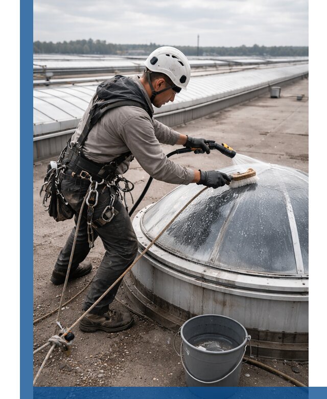 Мойка зенитных фонарей на кровле для промышленных объектов в Добрянке