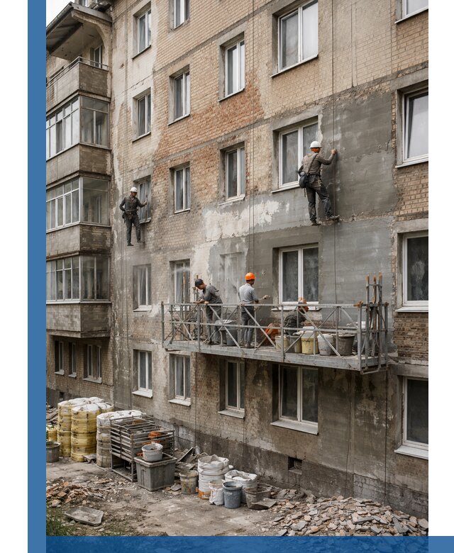 Капитальный ремонт фасада в Добрянке с восстановлением и гидроизоляцией