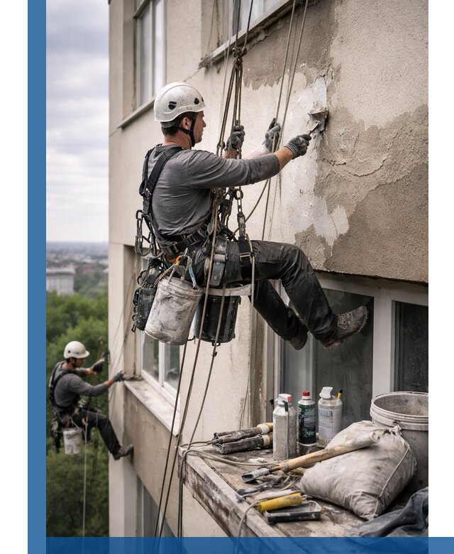 Косметический ремонт фасада зданий в Добрянке промышленными альпинистами