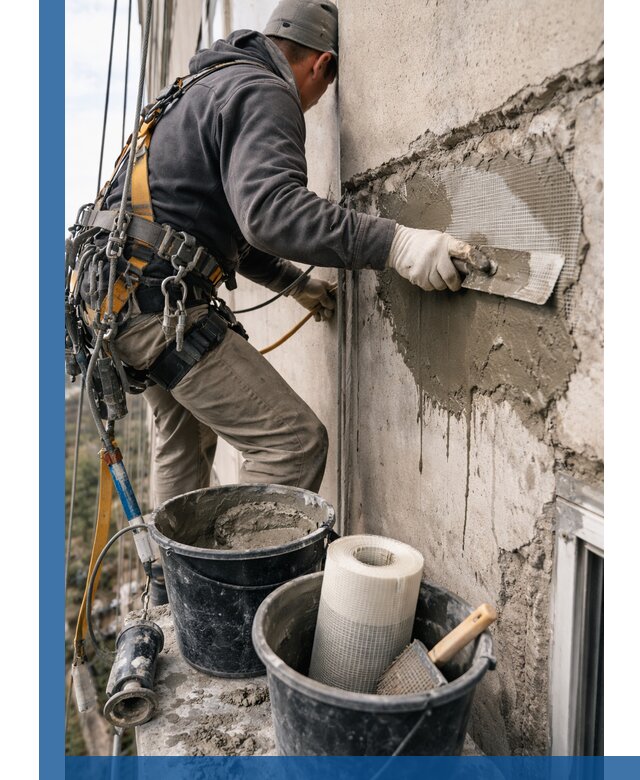 Ремонт бетонных элементов фасада промышленными альпинистами в Добрянке