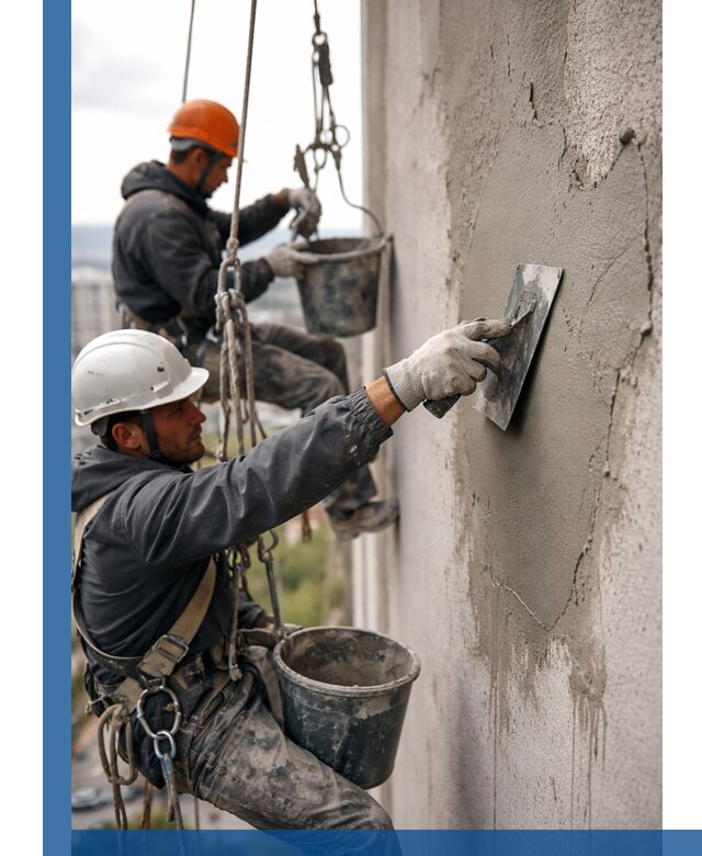 Штукатурка фасада на высоте в Добрянке профессиональные работы