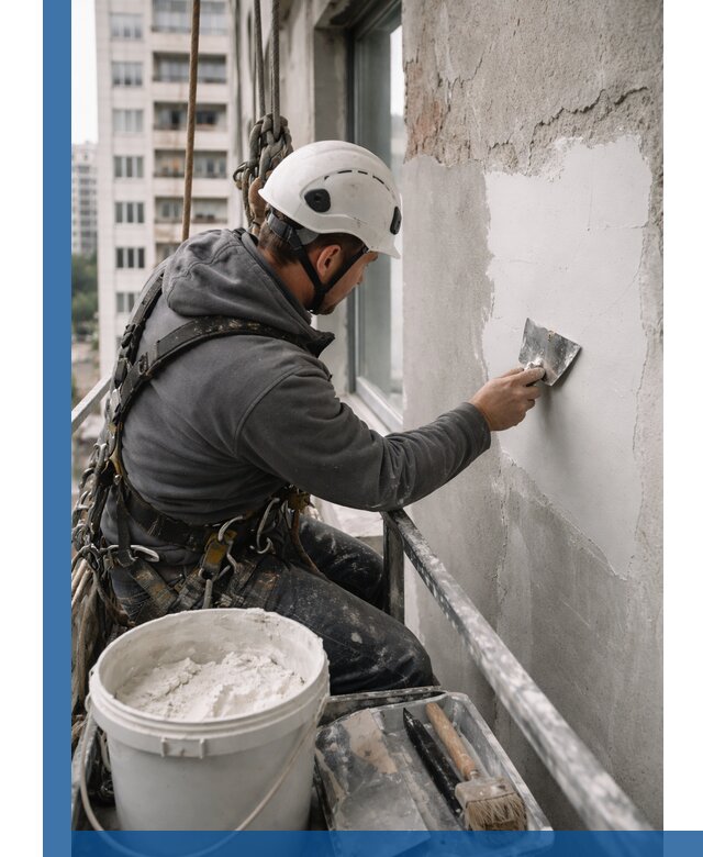 Шпаклевка фасадов на высоте с промальпинистами в Добрянке