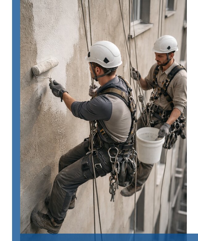 Грунтовка фасада на высоте в Добрянке промышленными альпинистами