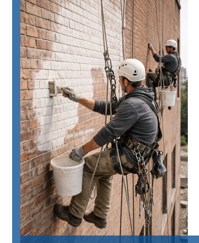 Покраска кирпичного фасада с доступным альпинистским сервисом в Добрянке