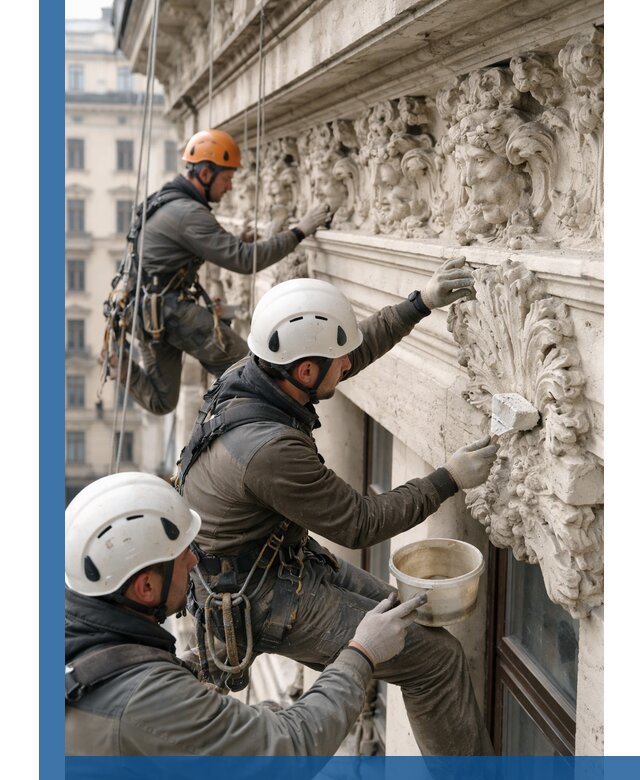 Реставрация фасадной лепнины с высотными работами в Добрянке