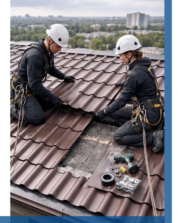 Ремонт металлочерепицы на крыше в Добрянке от 909 р. | ВЫСОТНИК-Дбр