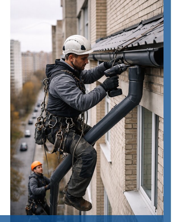 Монтаж водосточной системы на здании в Добрянке от 5051 р. | ВЫСОТНИК-Дбр