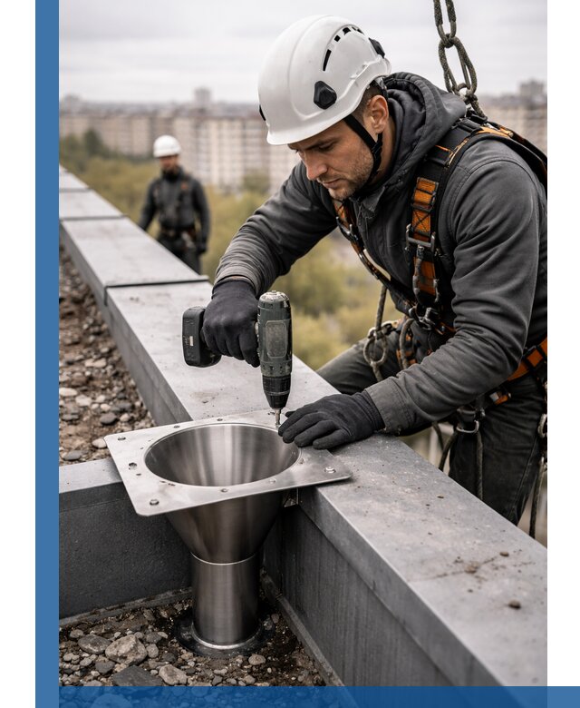 Монтаж водосточных воронок в Добрянке для промышленных зданий