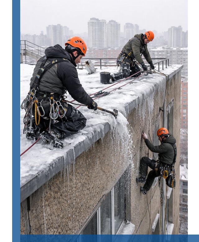 Удаление наледи с кровли в Добрянке промышленными альпинистами