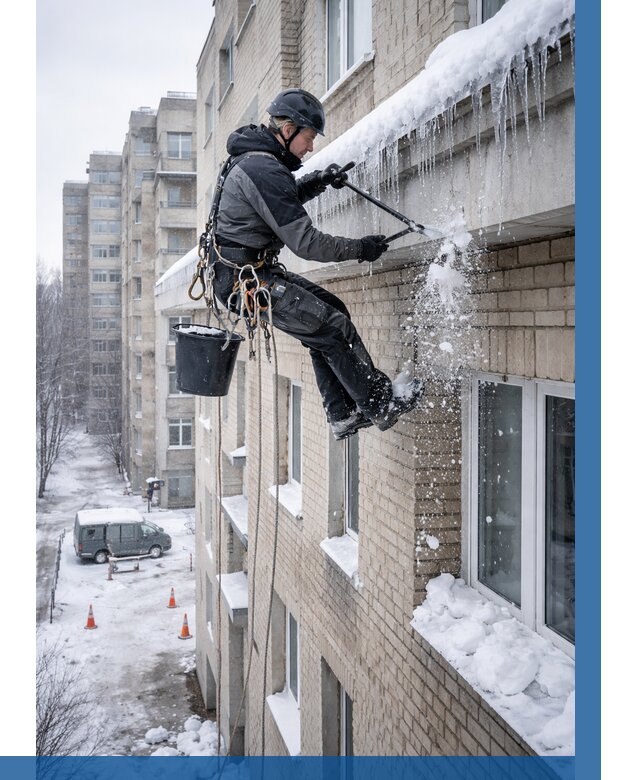 Удаление наледи с карнизов в Добрянке от 354 р. | ВЫСОТНИК-Дбр