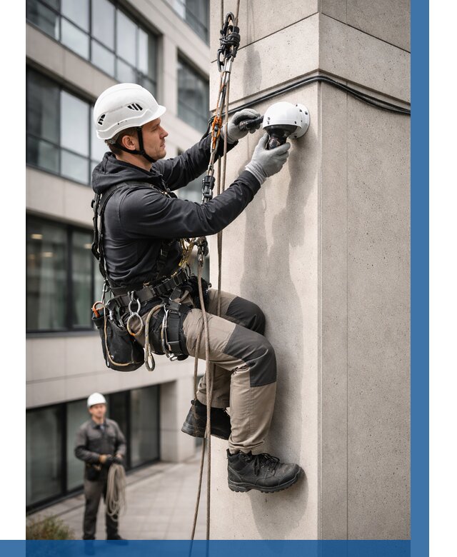 Монтаж камер видеонаблюдения на фасаде в Добрянке от 8587 р.-ВЫСОТНИК-Дбр