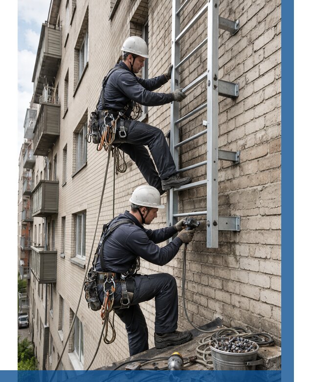 Монтаж пожарной лестницы в Добрянке от 25255 р заказать у ВЫСОТНИК-Дбр