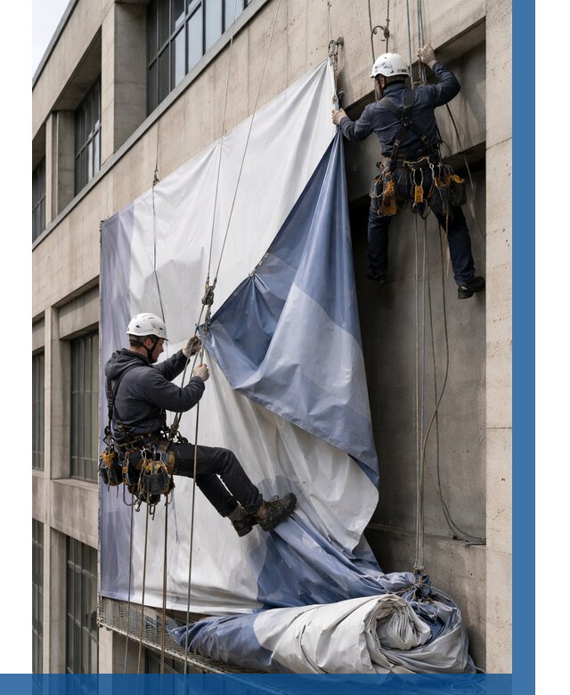 Демонтаж баннеров с фасада в Добрянке от 4546 р. | ВЫСОТНИК-Дбр