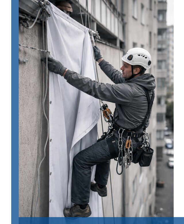 Замена баннерного полотна промышленными альпинистами в Добрянке