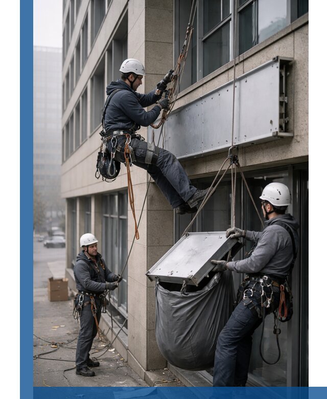 Демонтаж рекламной вывески с высотными работами в Добрянке