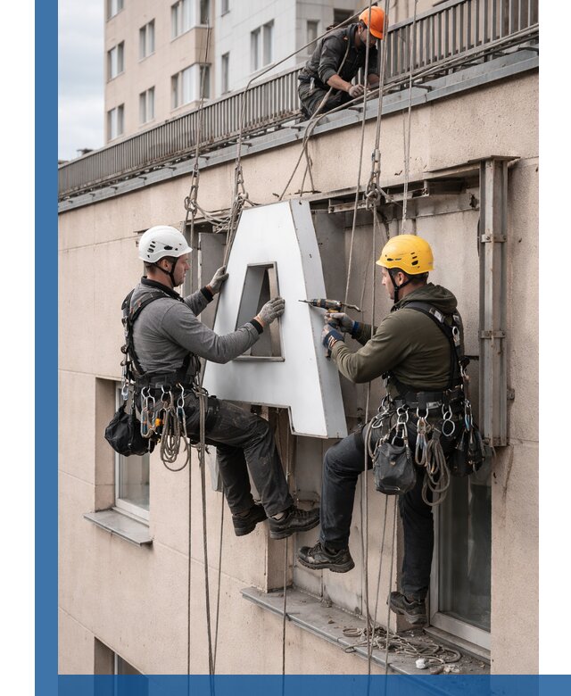 Ремонт и восстановление наружных вывесок на высоте в Добрянке