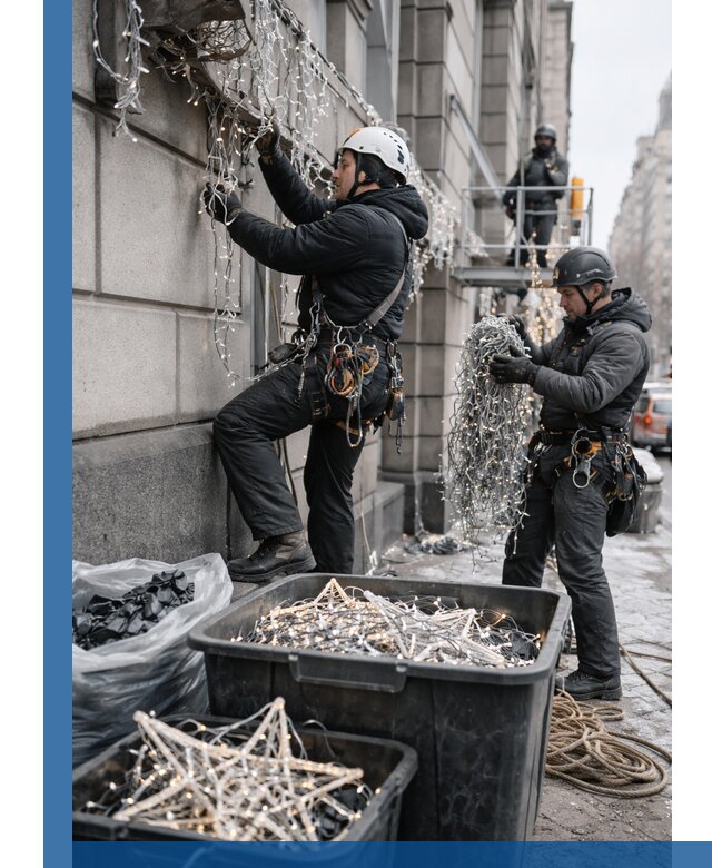 Демонтаж новогоднего оформления и гирлянд в Добрянке