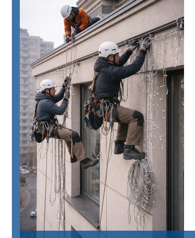 Монтаж праздничных гирлянд на фасаде в Добрянке для зданий