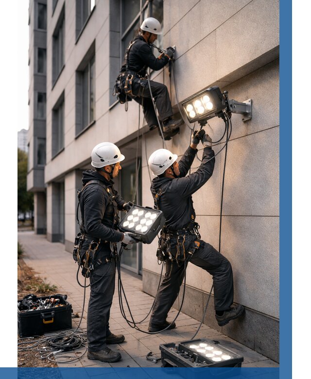 Монтаж прожекторов на фасаде в Добрянке от 7577 р. | ВЫСОТНИК-Дбр