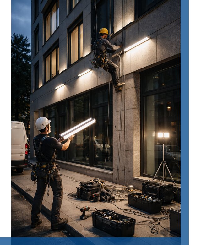 Монтаж архитектурной подсветки здания в Добрянке от 2526 р.|ВЫСОТНИК-Дбр