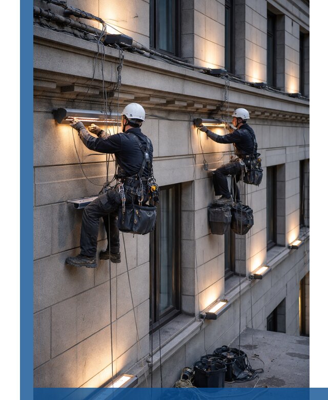 Монтаж архитектурной подсветки фасадов зданий в Добрянке