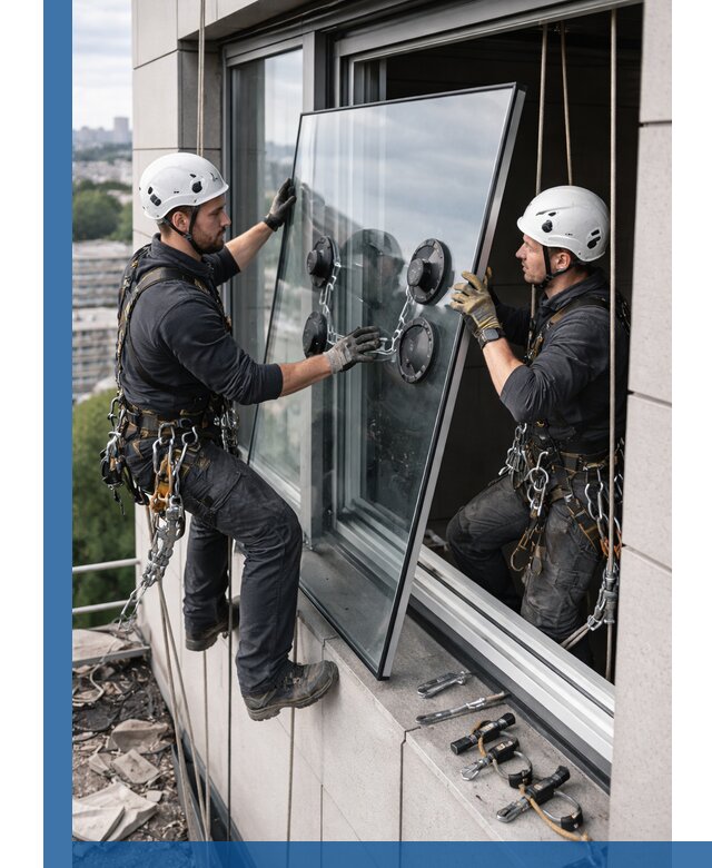 Замена стеклопакетов на высоте с промышленными альпинистами в Добрянке