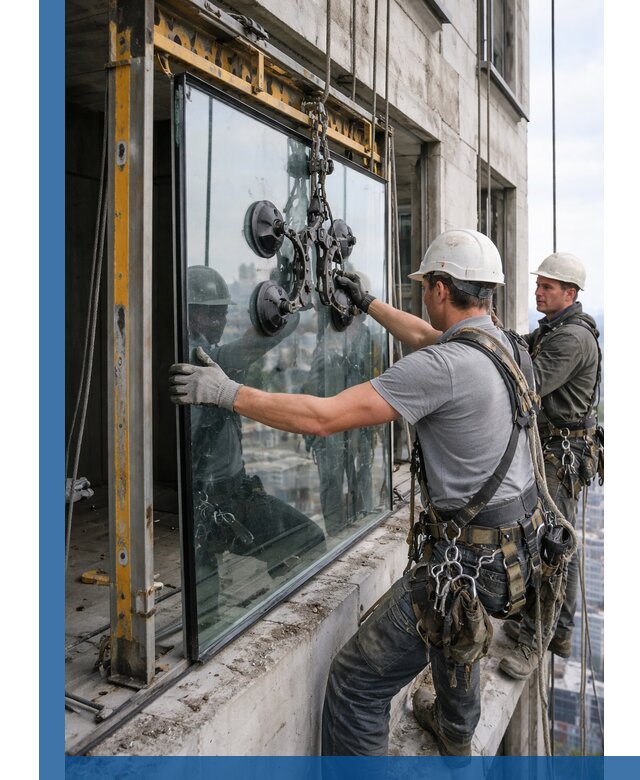 Монтаж стеклопакетов на высоте в Добрянке с промышленным альпинизмом