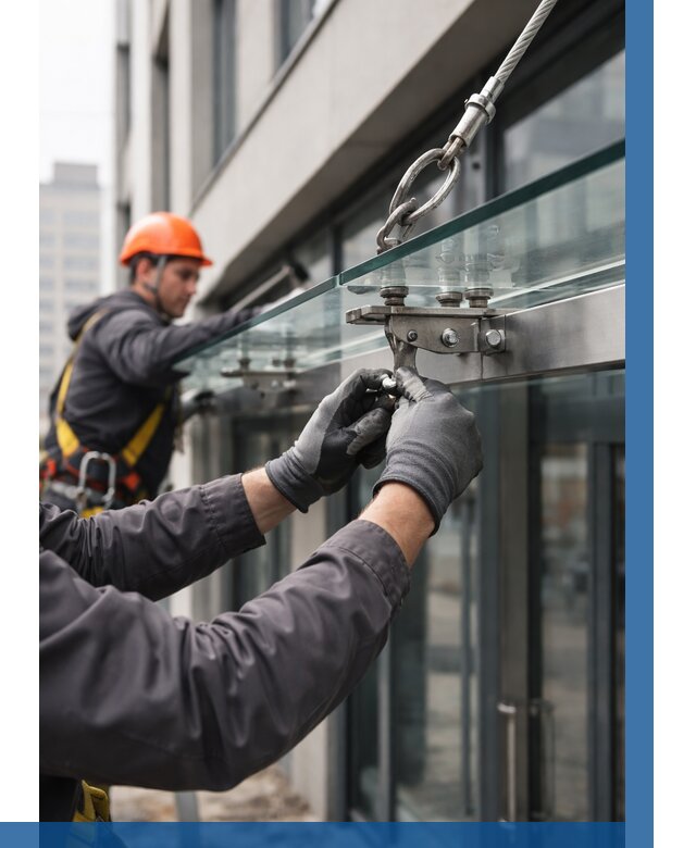 Монтаж стеклянных козырьков в Добрянке от 8587 р. | ВЫСОТНИК-Дбр