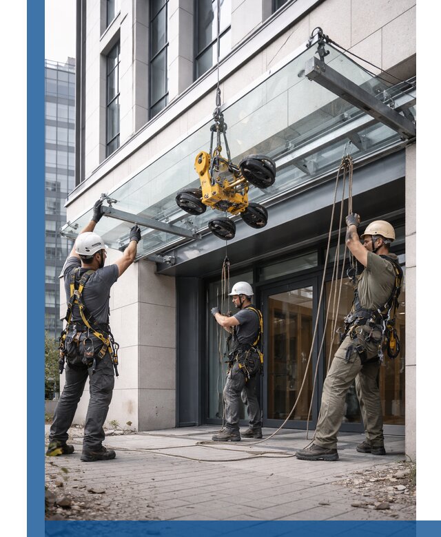 Монтаж стеклянных козырьков под ключ в Добрянке для зданий