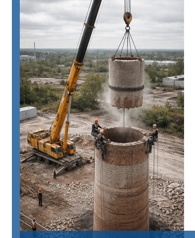 Демонтаж дымовой трубы в Добрянке с гарантиями безопасности