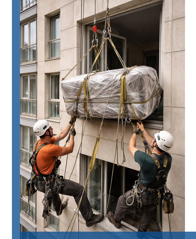 Подъем грузов через окно в Добрянке промышленными альпинистами