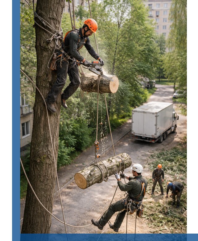 Спил деревьев альпинистами в Добрянке, безопасно и без повреждений