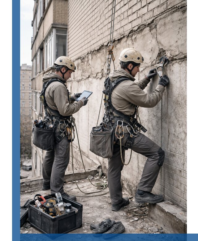 Обследование фасада промышленными альпинистами в Добрянке